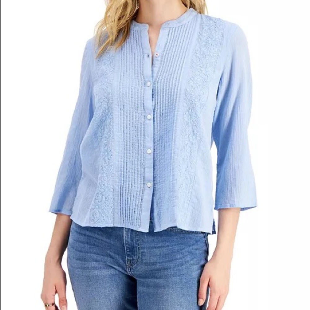 NEW TOMMY HILFIGER Cotton Pintuck Embroidered Blouse - Baby Blue color